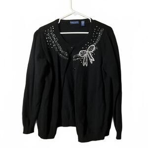 Karen Scott Black Wool Cardigan W/ Rhinestone Bow Detail XL